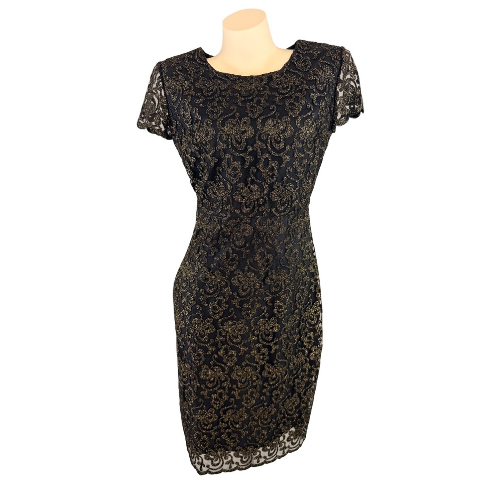 Badgley Mischka Couture Old Money Black Gold Metallic Lace Sheath Dress Size 10